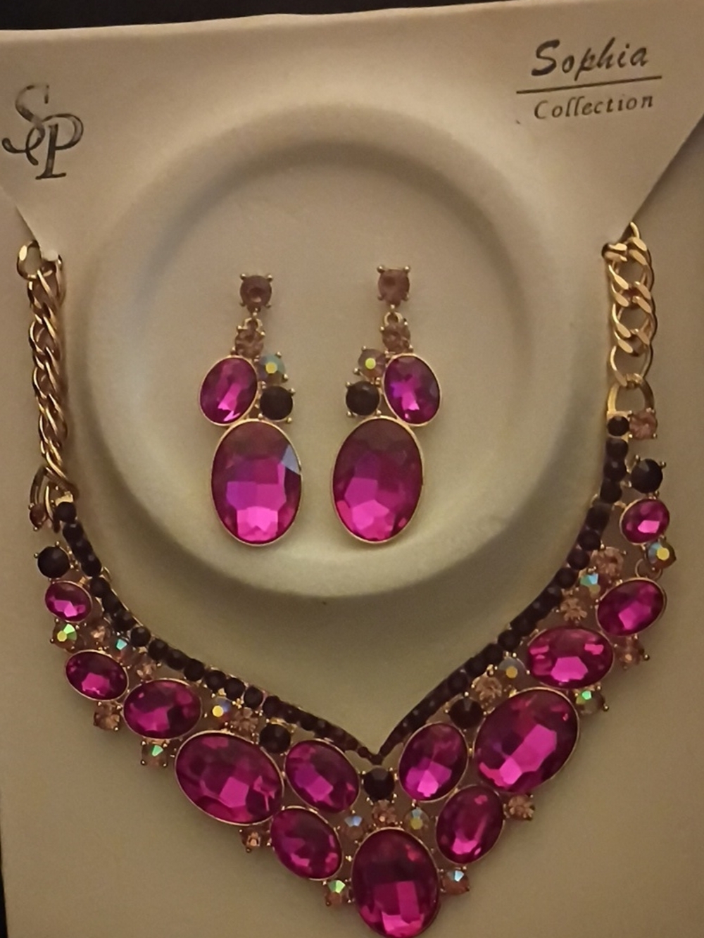 Sophia Collection Gold-Tone Fuchsia Crystal Necklace & Drop Earrings